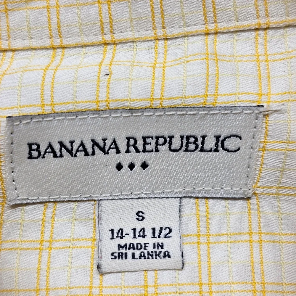 Banana Republic Mens Small Yellow White Plaid Cotton Button Down Shirt 14-14.5